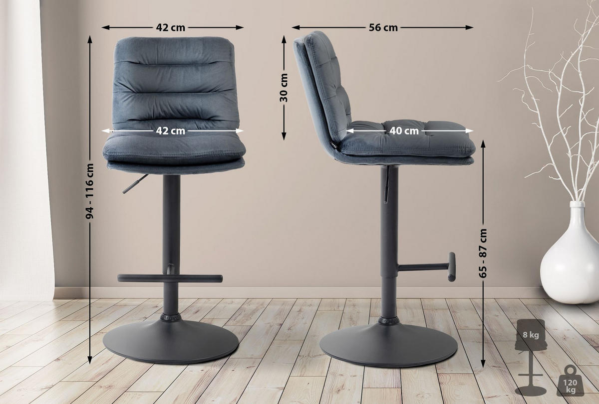 BARHOCKER Samt dunkelgrau - Dunkelgrau/Schwarz, Textil/Metall (42/94/56cm) - CLP