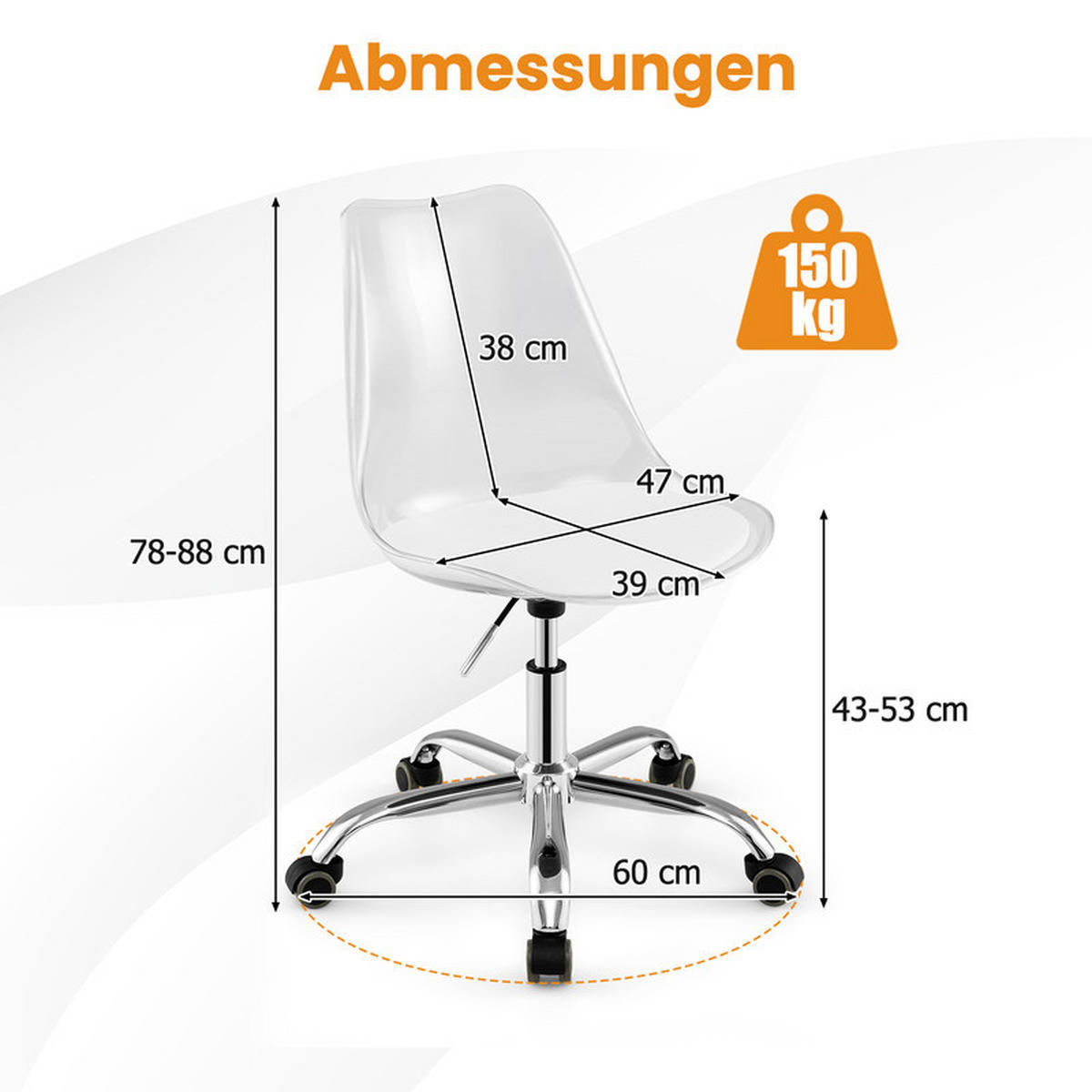 BÜROSTUHL mit Rollen höhenverstellbar transparent - Transparent, Leder (60/78/60cm) - COSTWAY