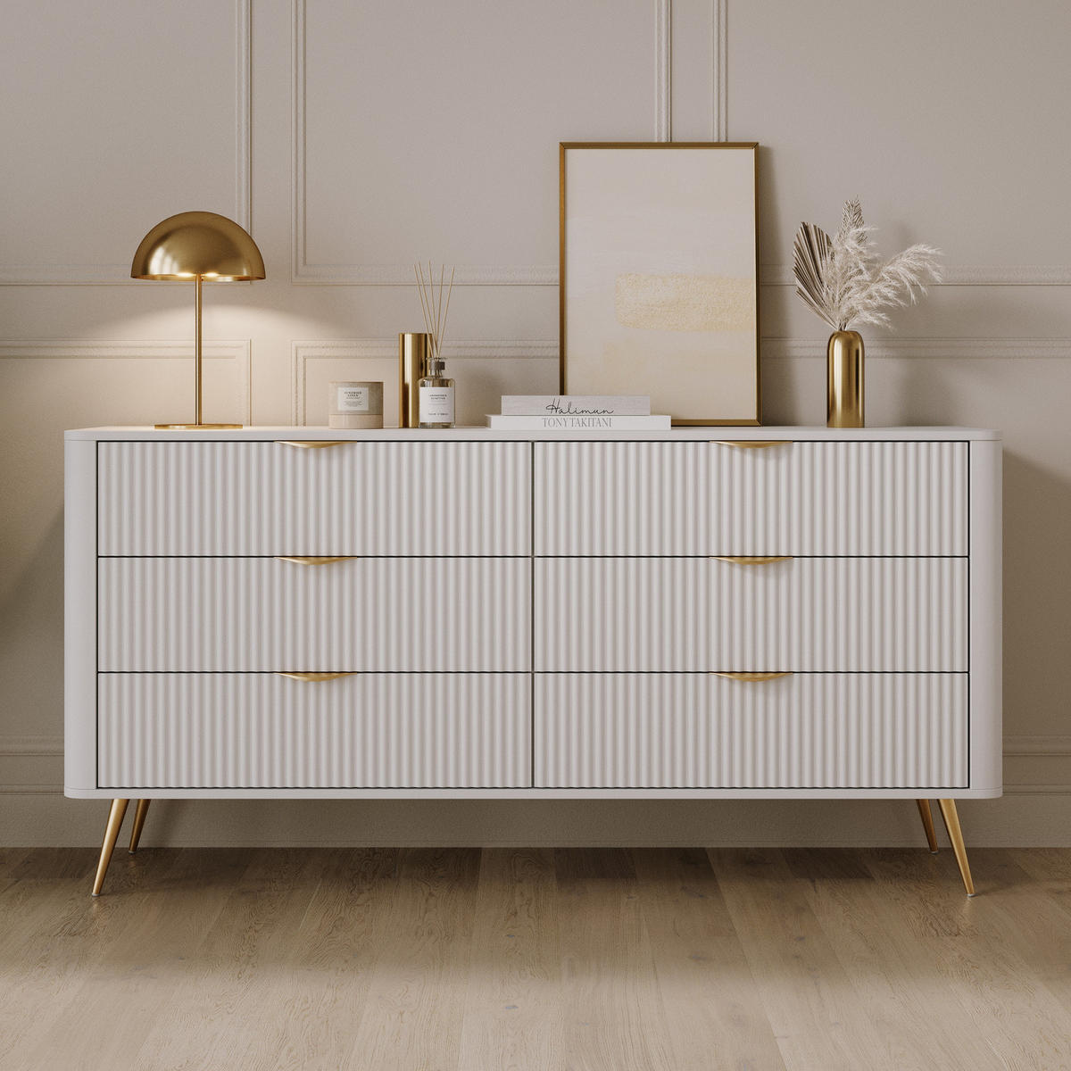 SIDEBOARD Flore 163 cm Weiß / Gold - mit 6 Schubladen und Riffel-Optik - Gelb/Goldfarben, Holz/Holzwerkstoff (163/81/38cm) - Ravio
