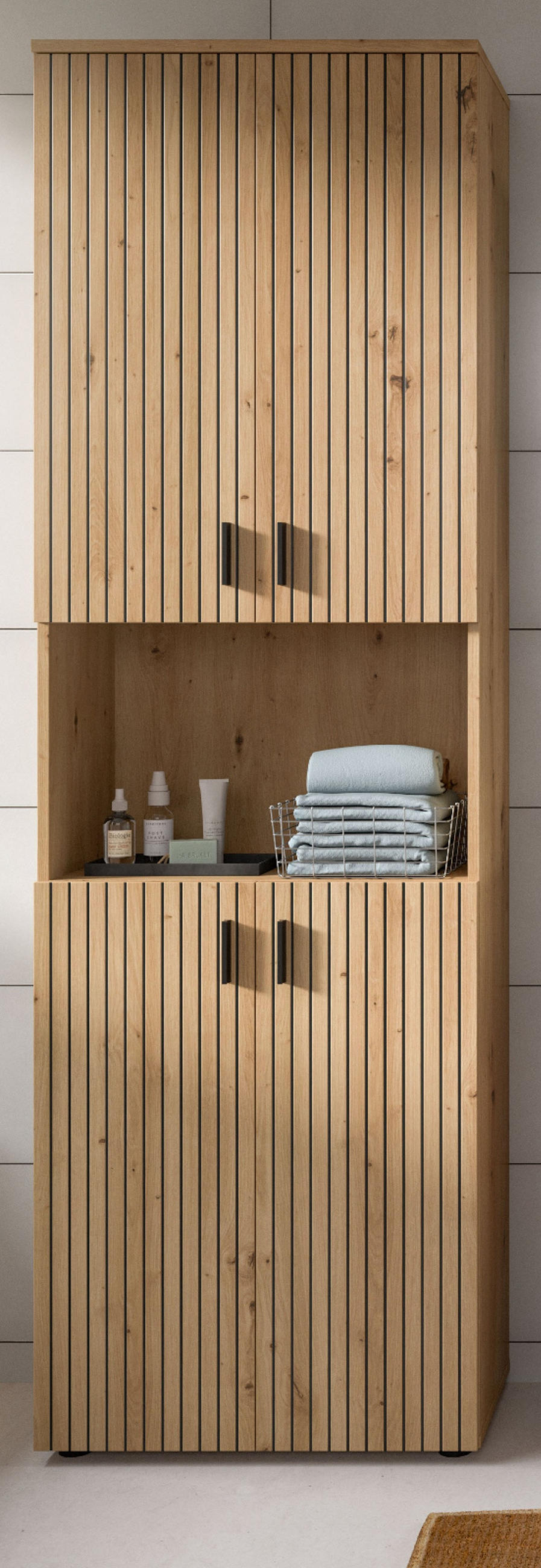 HOCHSCHRANK Eiche Artisan 60 x 192 cm, Badezimmer Schrank mit 8 Fächern - Schwarz/Eiche Artisan, Holzwerkstoff/Kunststoff (60/192/30cm) - Inn.Furn