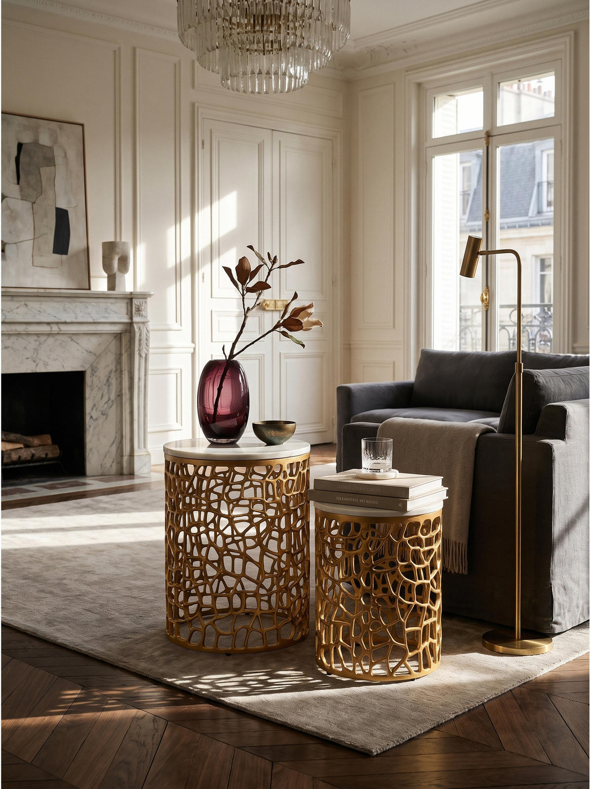 BEISTELLTISCHE 2er-Set ASTLUX, Marmor, Gold-Weiß, Ø 39 x 52,5 cm - Goldfarben, Stein/Metall (39/39/52.5cm) - KADIMA DESIGN