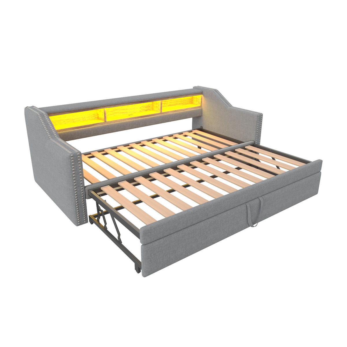 BETT Ausziehbar 90/190 cm mit LED-Beleuchtung & USB-Anschluss Hellgrau - Hellgrau, Textil (90/190cm) - OKWISH