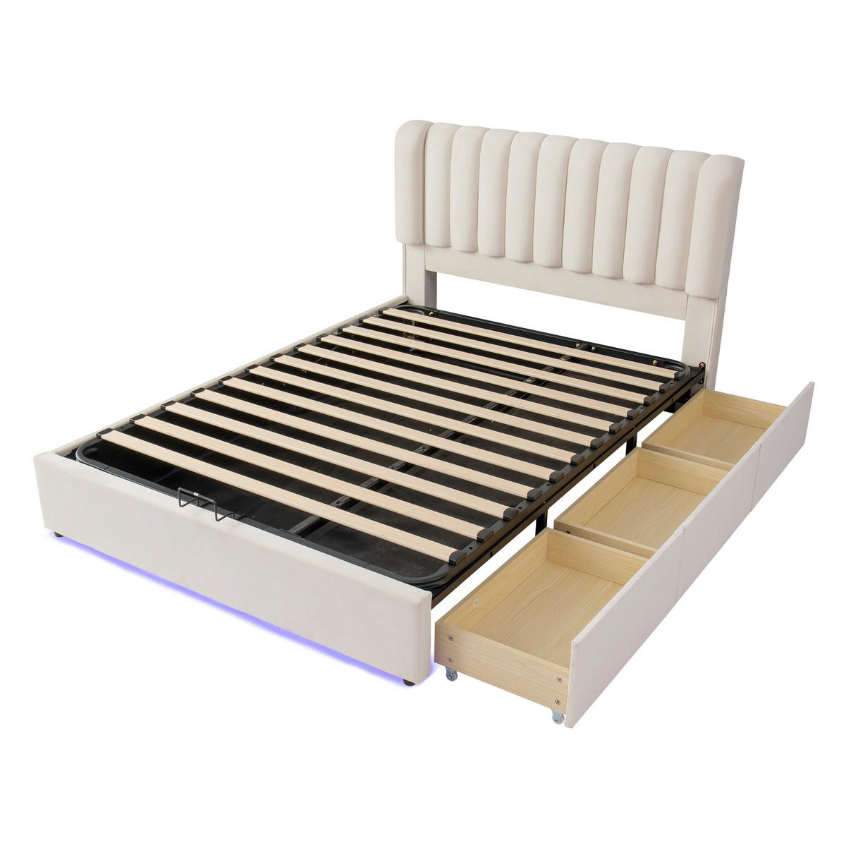 KINDER-POLSTERBETT 140x200 cm in Beige mit Bettkasten, 3 Schubladen und LED-Leiste - Beige, Textil (140/200cm) - IVMEU