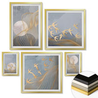 WANDBILDER 5er Set - 50x50 cm & 20x30 cm & 40x60 cm Goldrahmen - Abstrakte Wellenkreise, grau - Goldfarben, Kunststoff (40/60cm) - ArtPrintCave