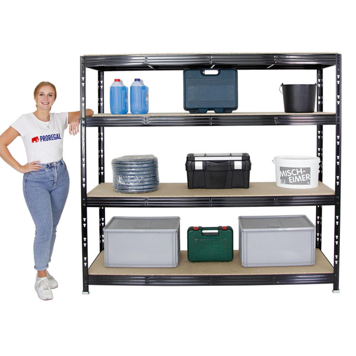 SCHWERLASTREGAL Rhino 180x200x60 cm 4 Spanplatten-Ebenen 16mm Fachlast 500 kg Schwarz - Schwarz, Metall (200/180/60cm) - PROREGAL