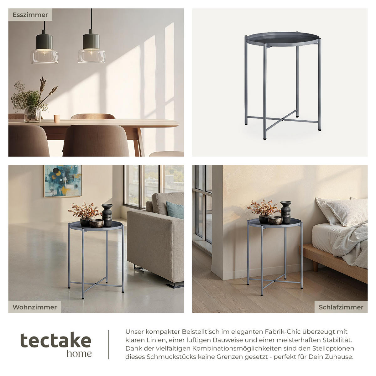 BEISTELLTISCH Chester,45,5 x 45,5 x 53 cm,dunkelgrau - Dunkelgrau, Metall (45.5/45.5/53cm) - tectake