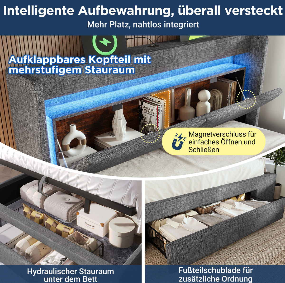 POLSTERBETT 140/200 cm mit Bettkasten, LED und USB-Anschluss in Grau - Grau, Textil (140/200cm) - BEAOK