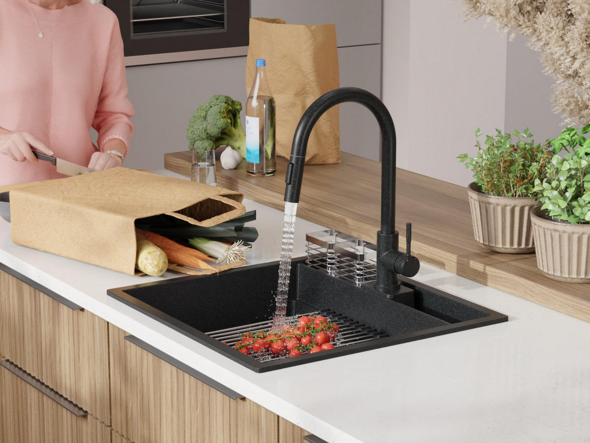 SPÜLBECKEN Bergen Pocket, 2-er set Anthrazit 56/54 cm 1 Becken + Ablauf-Set + Küchenzubehörset ab 60er Unterschrank - Chromfarben/Anthrazit, Kunststoff (56/20/54cm) - Primagran