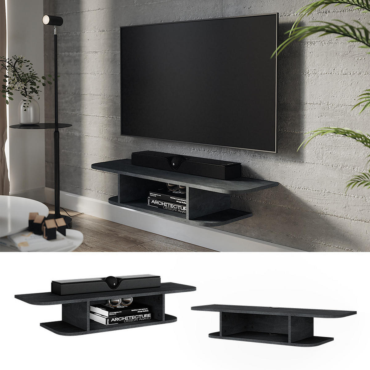 TV-SCHRANK Lorio Schwarz Beton 105 x 18.2 cm offene Fächer - Schwarz, Holzwerkstoff (105/18.2/30cm) - Vicco