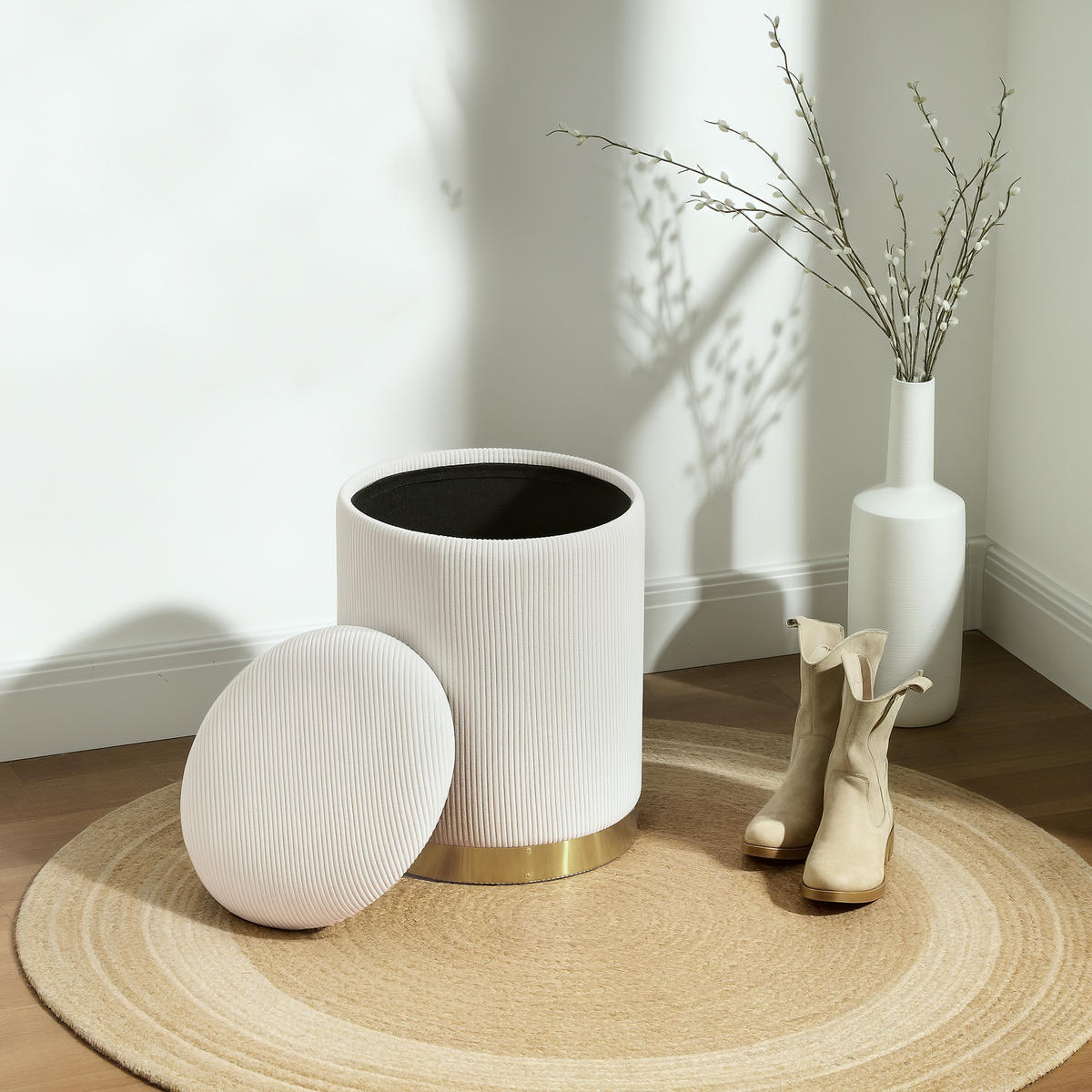 SITZHOCKER Mit Stauraum DE-07141 klappbar, runder Fußhocker, 30,6 L Cremeweiß - Creme, Holz/Textil (36/44/36cm) - ComfortXL