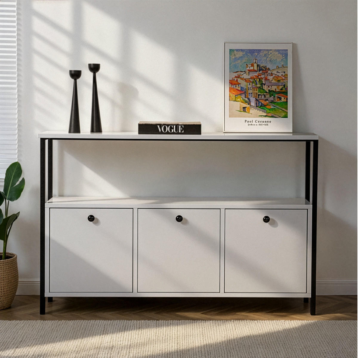 SIDEBOARD mit 3 Türen und 1 oberer Ablagefläche 120/29,5/77 cm - Schwarz/Weiß, Holzwerkstoff (29.5/77/120cm) - Calicosy