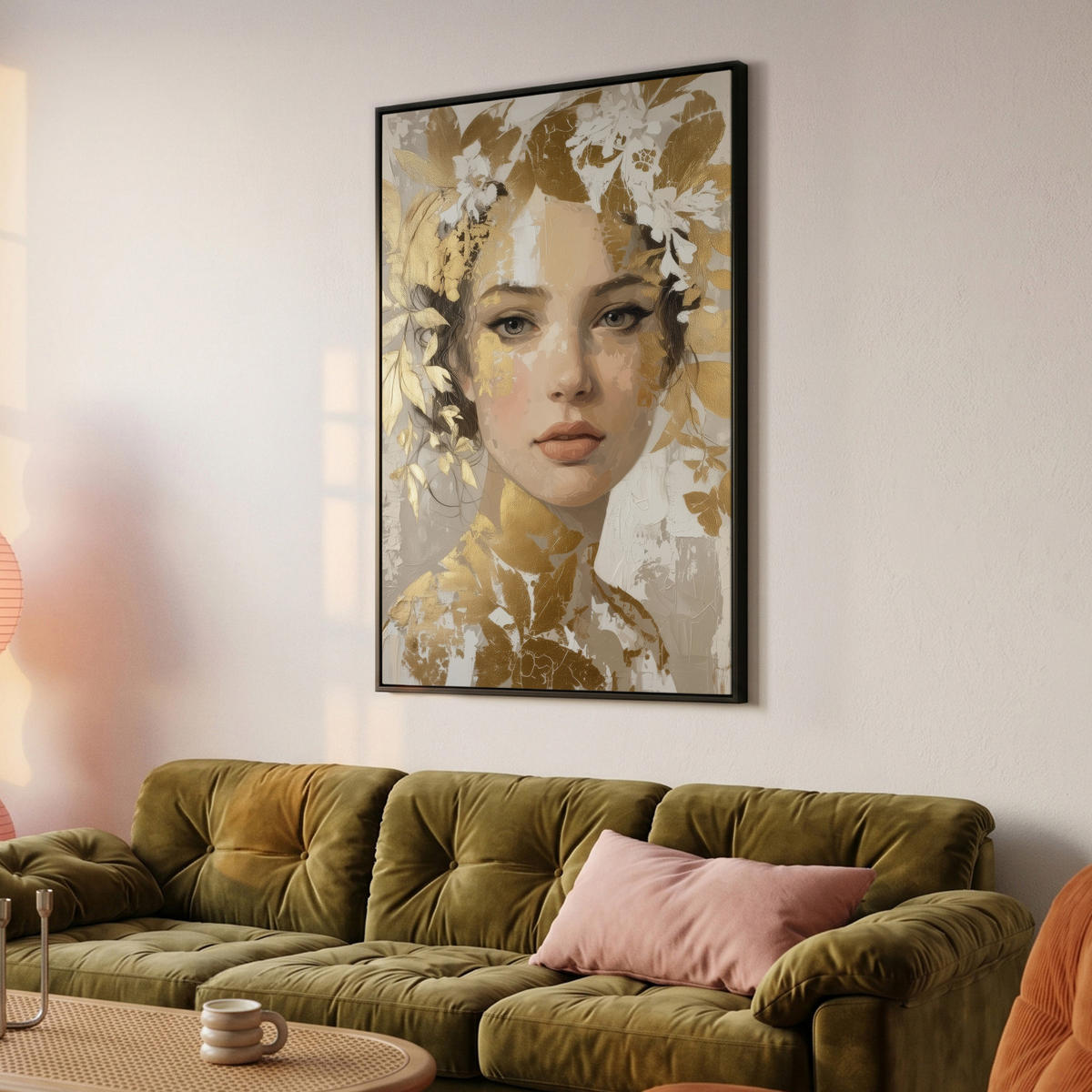 LEINWAND Bilder mit Rahmen - Gesicht - Frau - Blätter - Gold - 80x120 - Beige, Textil (80/120cm) - MuchoWow