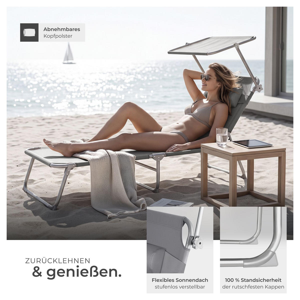 SONNENLIEGE Chloé, 190 x 68 x 111 cm, mit Seitentasche, grau - Grau, Kunststoff (68/65/190cm) - tectake