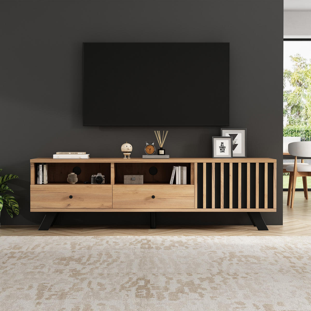 TV-LOWBOARD Compact Naturfarben-Schwarz 150/38/44 cm - Naturfarben, Holzwerkstoff (150/44/38cm) - PANGIVO