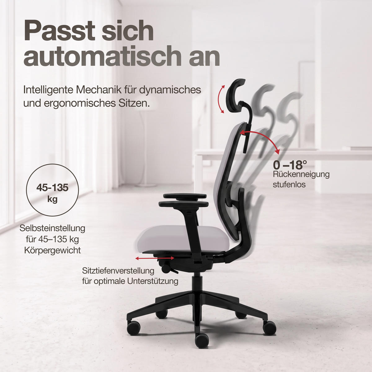 DREHSTUHL Ergonomischer Bürostuhl Atessa mit Polsterrücken und Kopfstütze / Mit Kopfstütze Hellgrau Ergonomischer Polsterrücken - Hellgrau, Textil (62.5/120.5/45cm) - ASSMANN