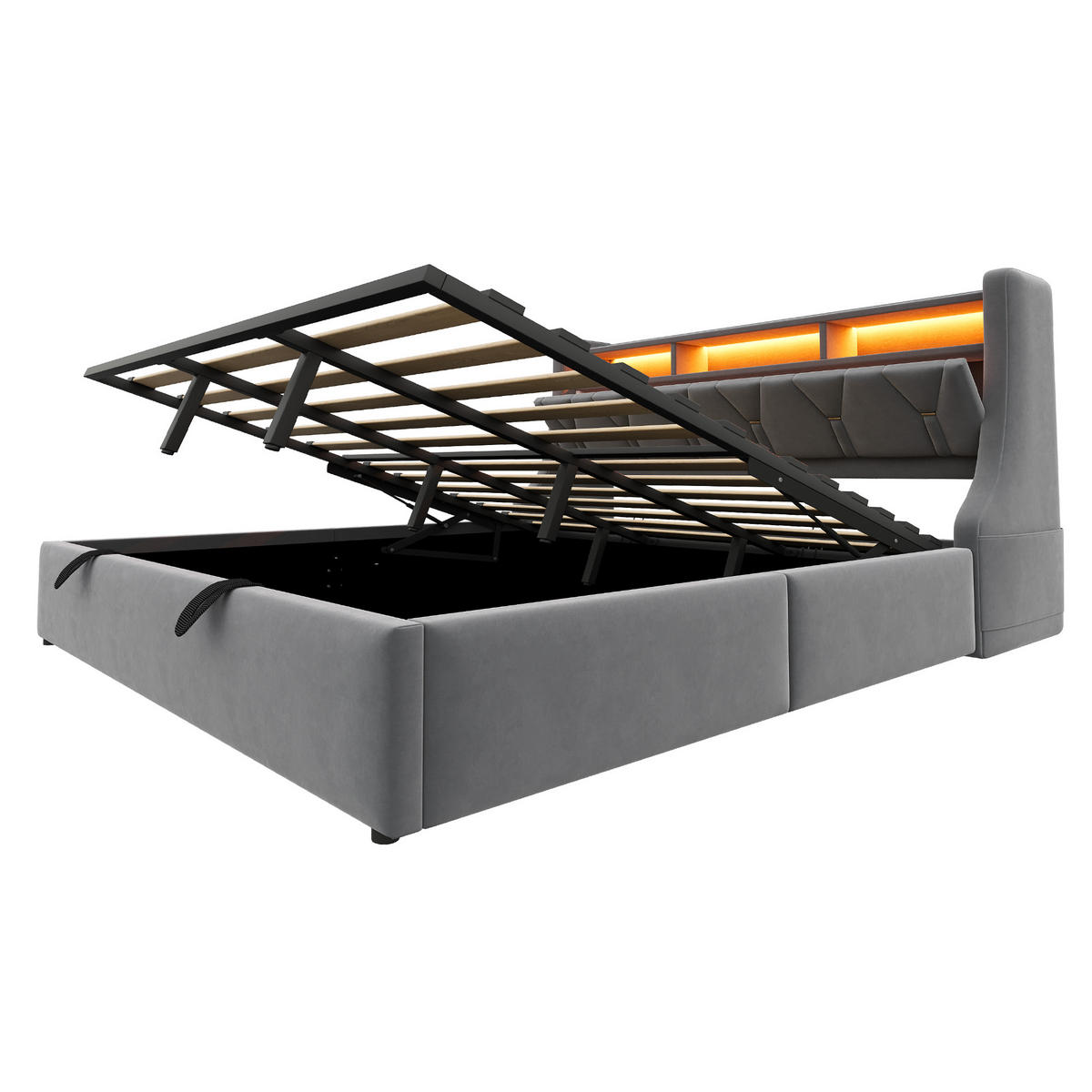 POLSTERBETT 180/200 cm Grau mit Stauraum LED-Beleuchtung und USB- und Type-C-Anschlüssen Samt - Grau, Textil (180/200cm) - OKWISH