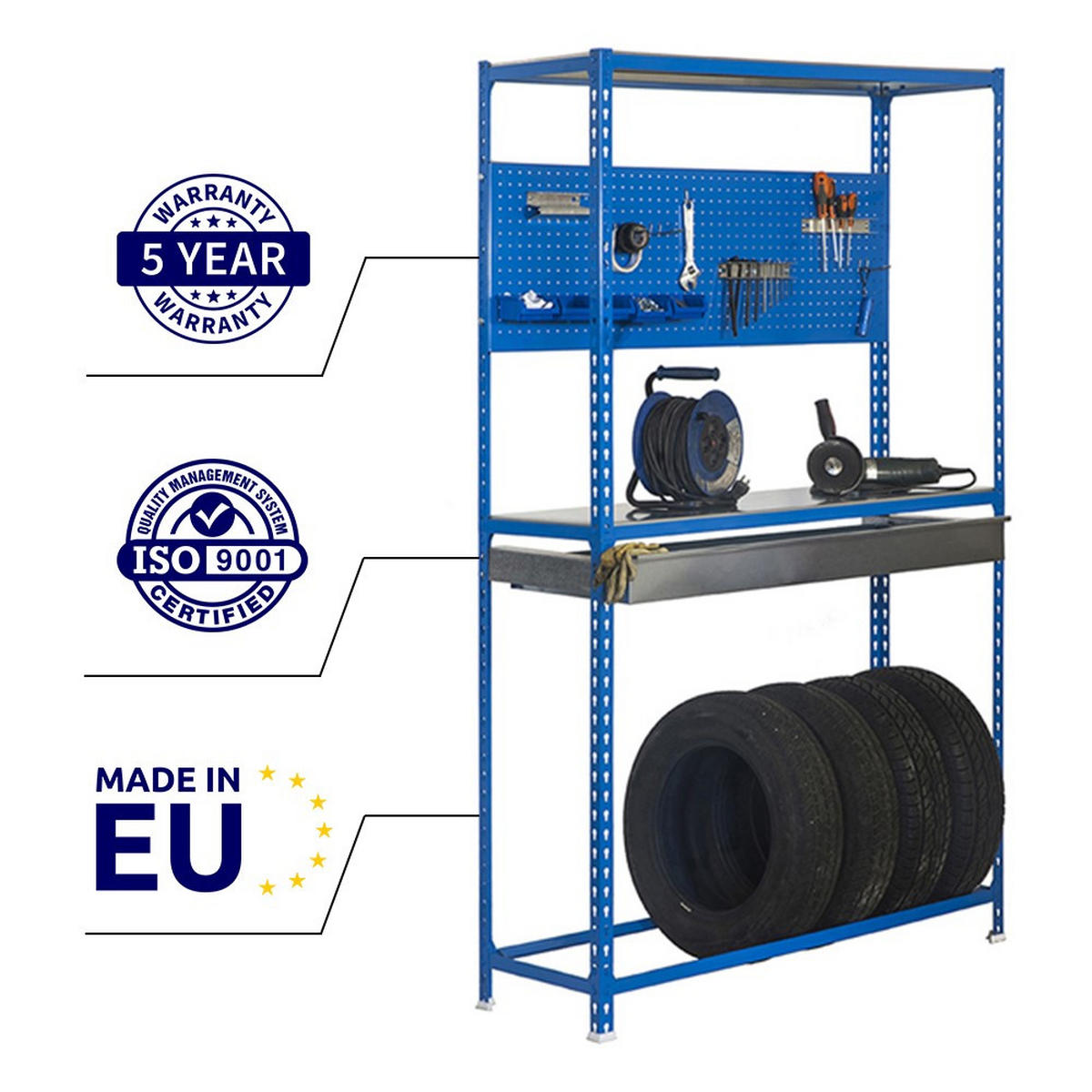 REIFENREGAL mit Arbeitsfläche und Schubfach Metal Shark NO.5 HxBxT 200 x 100 x 40 cm 6 Reifen Blau - Blau, Metall (100/200/40cm) - PROREGAL