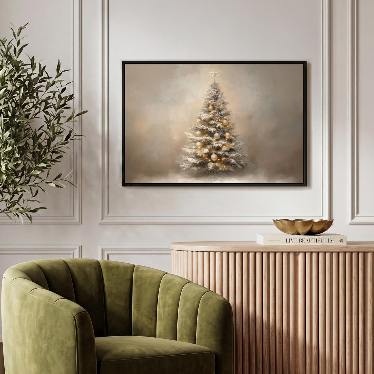 LEINWAND Bilder mit Rahmen - Weihnachten - Weihnachtsbaum - Schnee - Kunst - 60x40 - Champagner, Textil (60/40cm) - MuchoWow