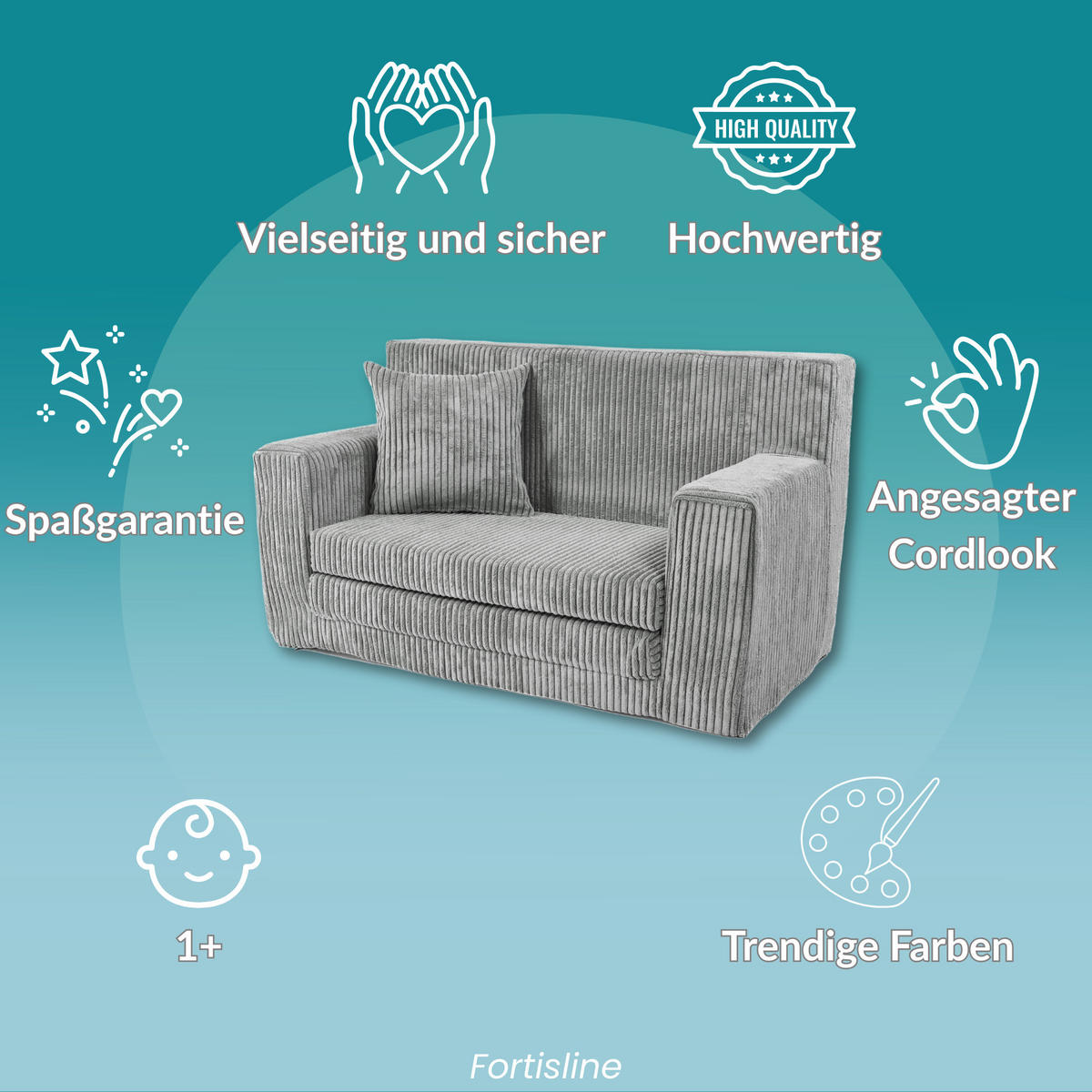 KINDERSOFA aus Kuschel-Cord in Türkis - Türkis, Textil (83/47/43cm) - Fortisline