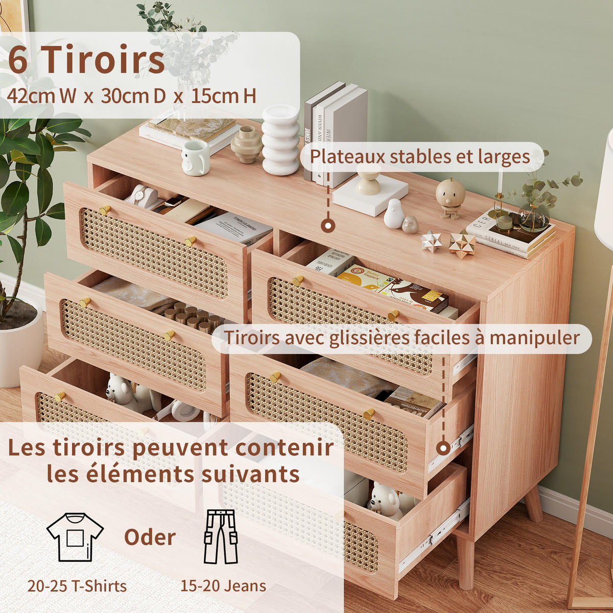 KOMMODE 6 Schubladen Rattan Boho Holz - Naturfarben, Holz (34/73/100cm) - Fortuna Lai