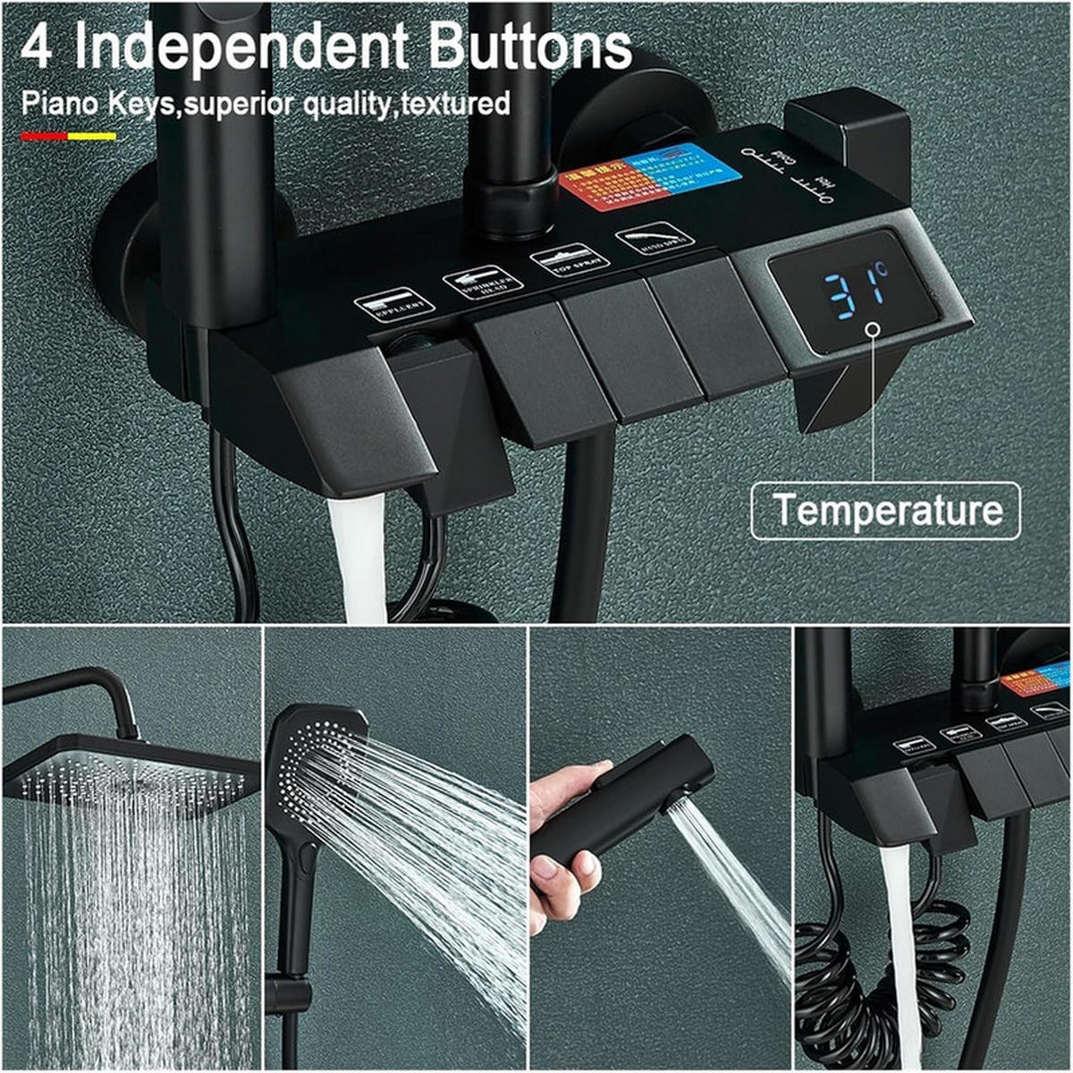 THERMOSTATISCHES Duschsystem 3 Funktionen mit Digitalanzeige Grau – Regendusche, Handbrause & Bidet, Piano-Tasten Bedienung, Badezimmer Armatur - Grau, Metall (18.5/120/27.5cm) - Kaket