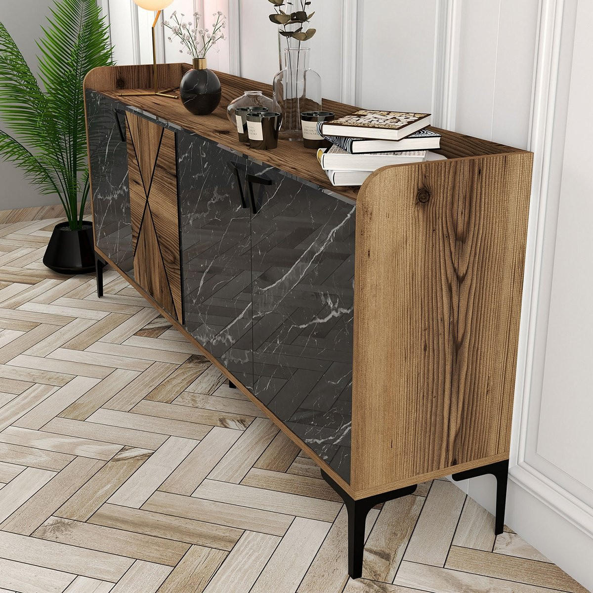 SIDEBOARD 4 Türen L180 cm - Venedik - Schwarz, Holzwerkstoff (35/78/180cm) - Calicosy