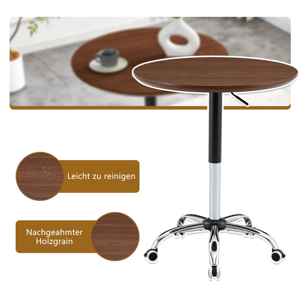 BEISTELLTISCH Nussbaumfarben Ø 70 cm Höhenverstellbar Rollbar - Walnussfarben, Holzwerkstoff (70/70/73.5cm) - PANGIVO