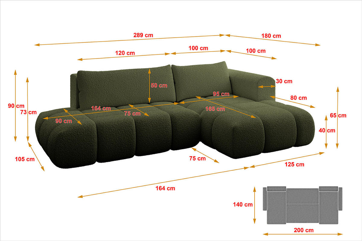 ECKSOFA Ottomane Rechts CLOUD-L 289x180x40 Grün Bouclé - Grün, Holzwerkstoff/Kunststoff (289/180cm) - ALTDECOR