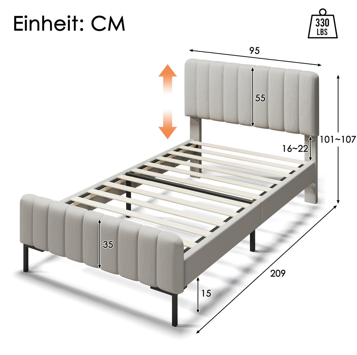 POLSTERBETT 90/200 cm Grau-Beige aus Leinen mit verstellbarem Kopfteil - Grau, Textil (90/200cm) - OKMYHOME