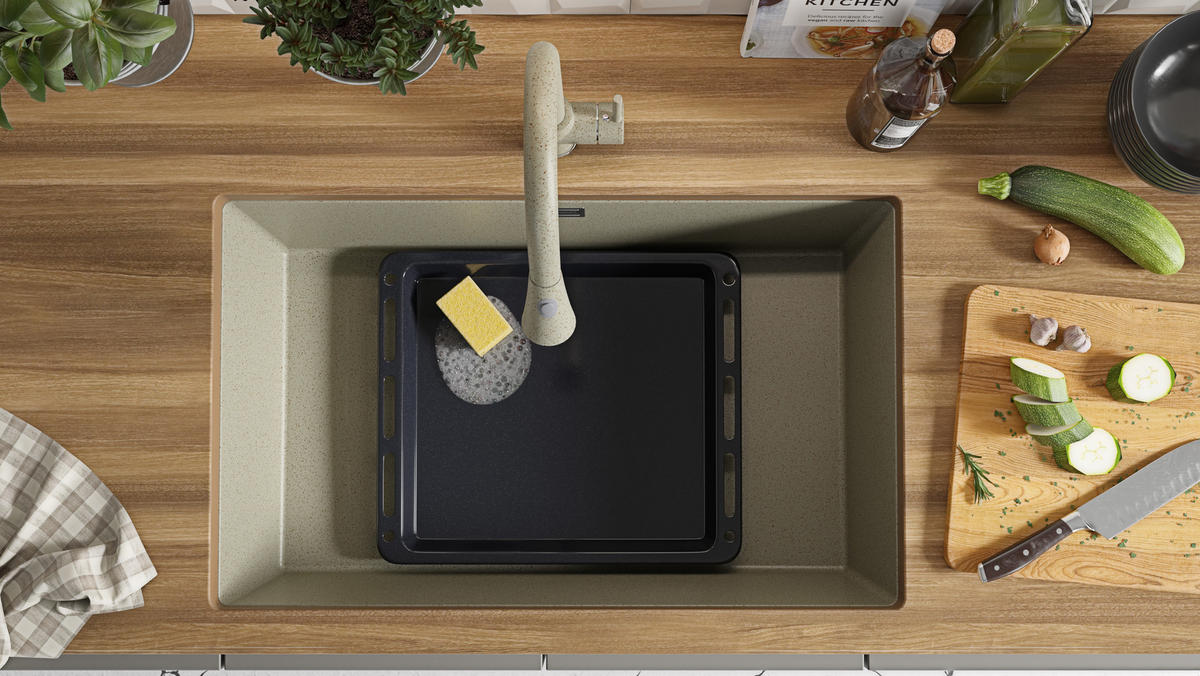 UNTERBAUSPÜLE GRANIT London, 2-er set Beige 76/47 cm 1 Becken + Küchenarmatur 40/20 cm + Ablauf-Set ab 80er Unterschrank - Beige, Kunststoff (76/20/47cm) - Primagran