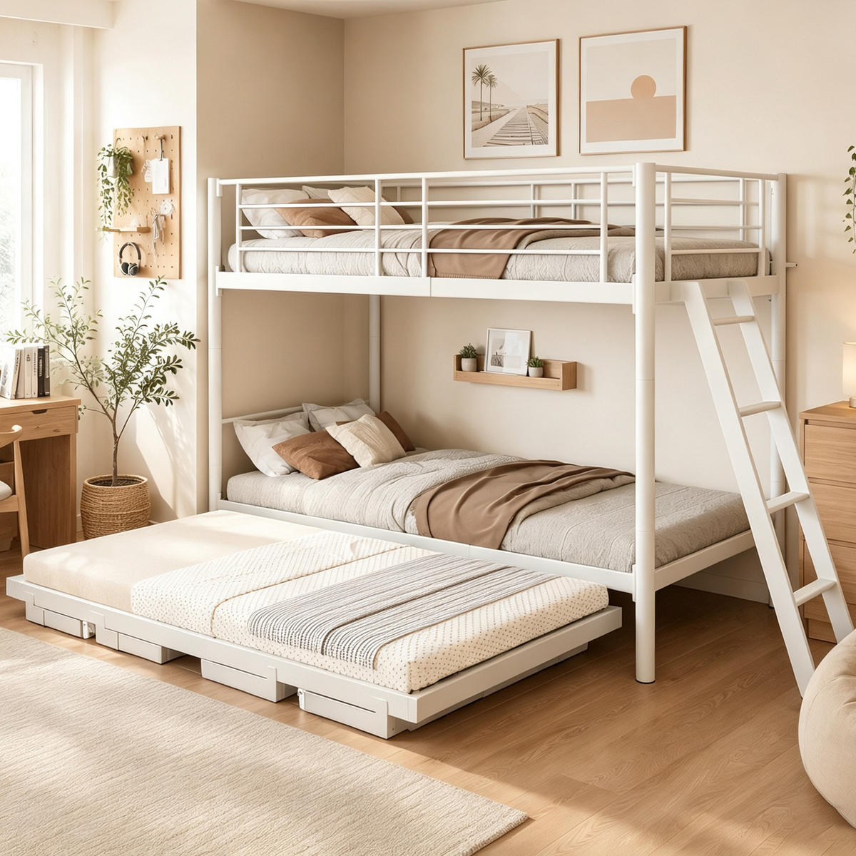 METALL-ETAGENBETT 90 x 200 mit Ausziehbett, Weiß - Weiß, Holz (90/200cm) - FLIEKS