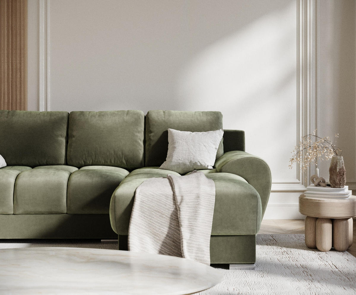 ECKSOFA MIT SCHLAFFUNKTION Peebles Olivenfarbe Samtstoff - Chromfarben/Olivgrün, Holz/Holzwerkstoff (256/175cm) - Maison de Reve