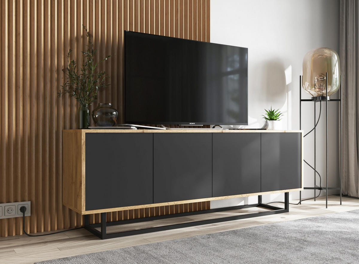 TV-SCHRANK Apollo2 Eiche wotan Schwarz Matt 150/53/35 cm - Schwarz, Holzwerkstoff/Metall (150/53/35cm) - Meble Lindner