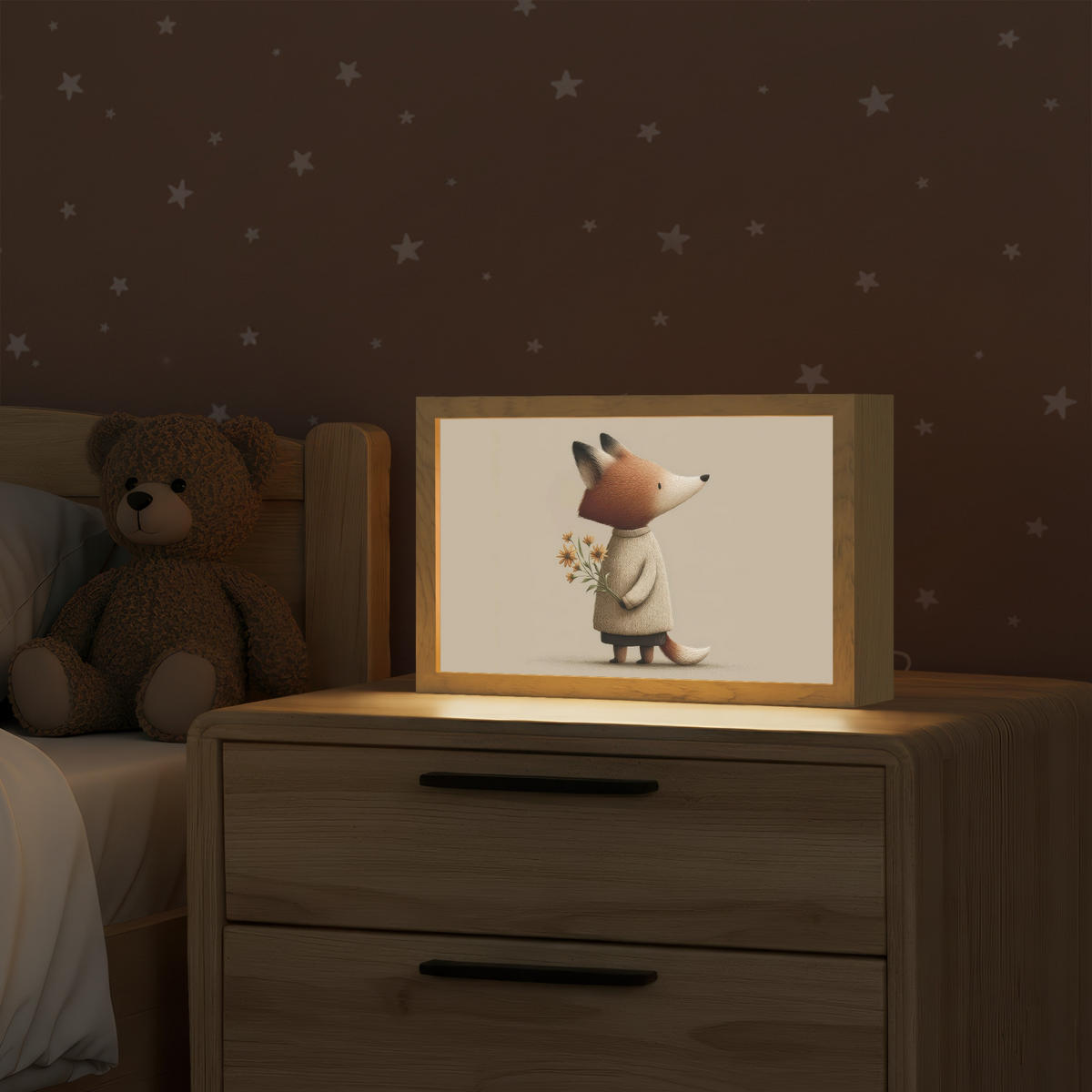 NÁSTĚNNÁ LAMPA Liška - Žluté květy - Minimalistický 30x20 cm - šedohnědá, kompozitní dřevo (30/20/8cm) - OnlyWow