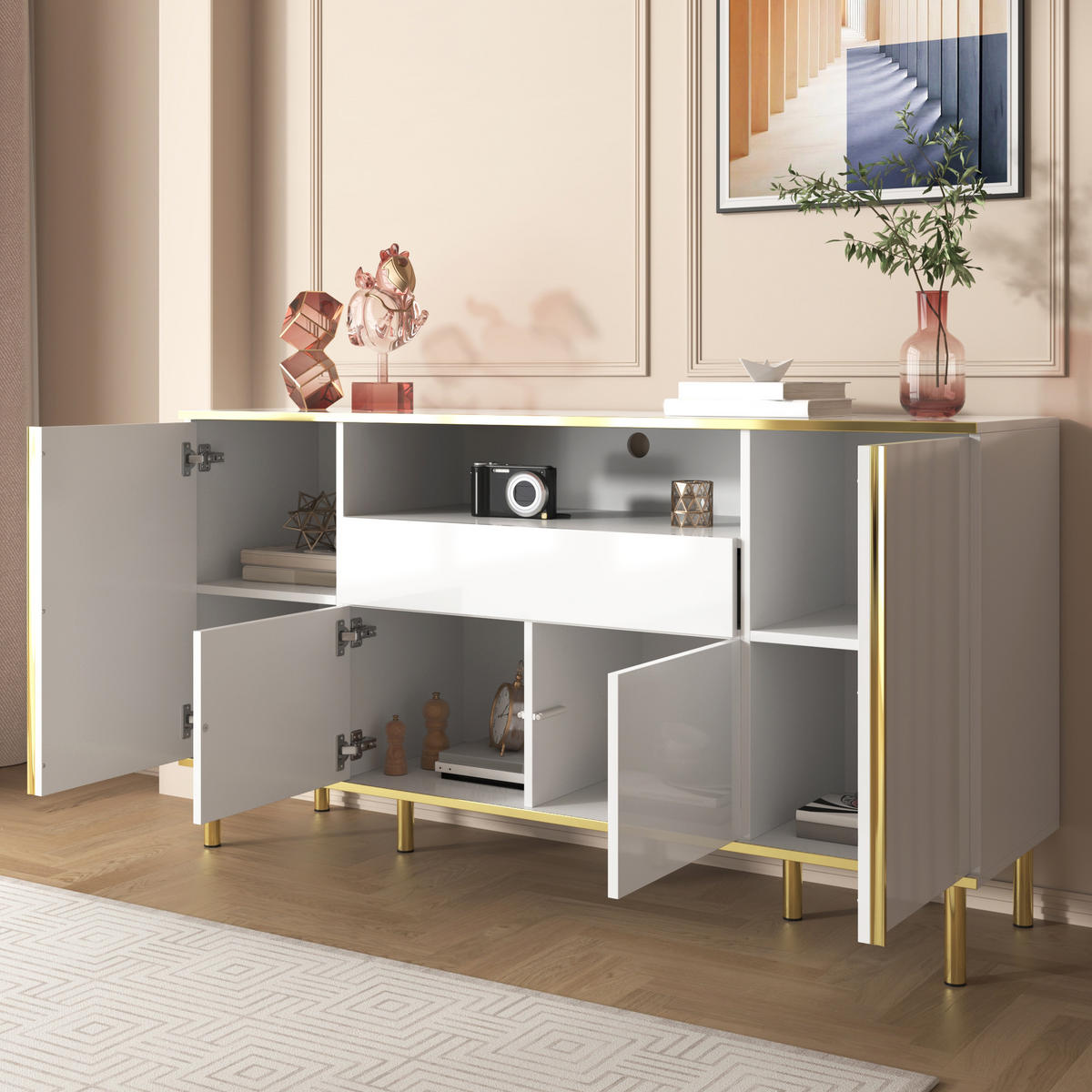 SIDEBOARD 150x40x80cm Weiß Hochglanz Mit 1 Schublade - Weiß, Holzwerkstoff (40/80/150cm) - FLIEKS