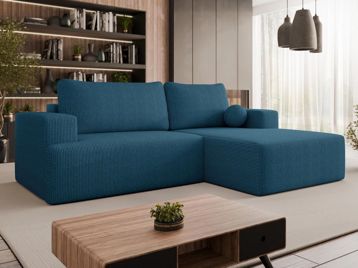 ECKSOFA Mivo Cord, Seite: Rechts - Blau/Schwarz, Holz/Kunststoff (266/163cm) - MIRJAN24
