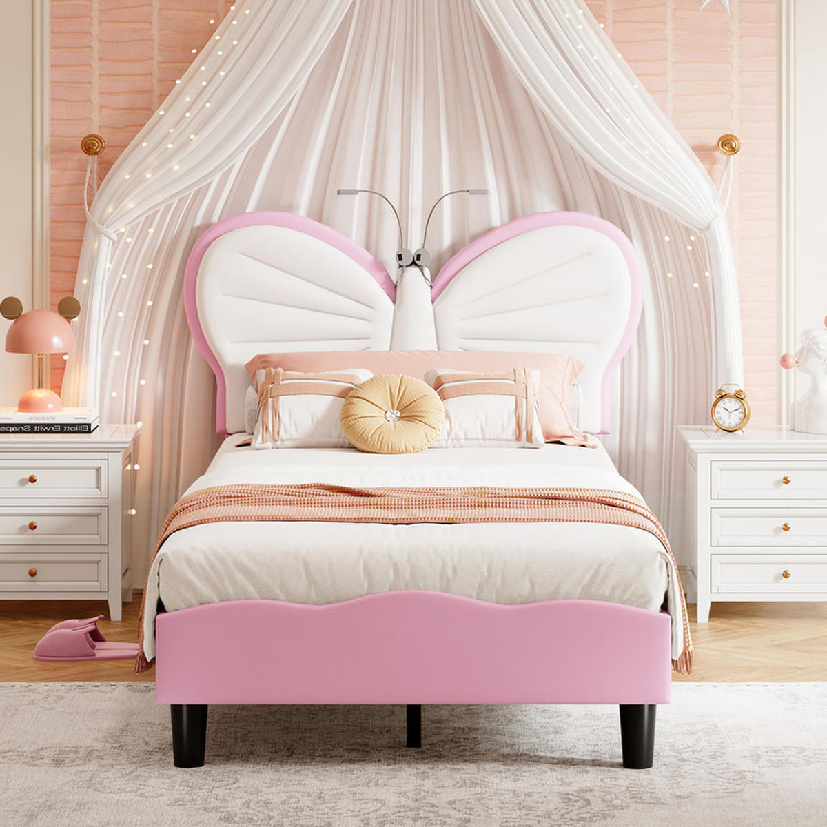 KINDERBETT 90x200 cm, Samt, Weiß und Rosa, mit LED-Leselampe und Lattenrost, Schmetterlings-Kopfteil - Rosa, Holz (90/200cm) - WoodenAura