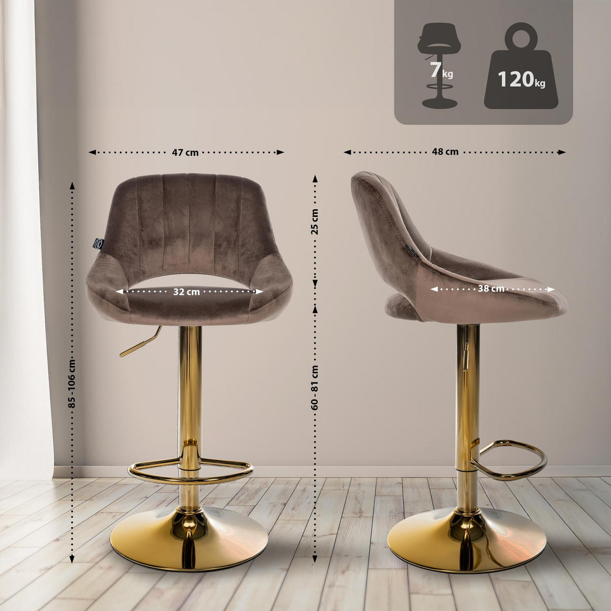 BARHOCKER 2 Samt Braun - Braun, Textil (47/85/48cm) - CLP
