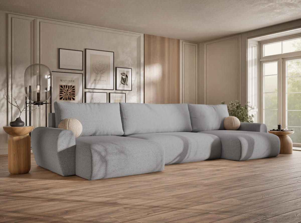 WOHNLANDSCHAFT MIT SCHLAFFUNKTION Numba Hellgrau Webstoff - Hellgrau/Schwarz, Holz/Holzwerkstoff (397/70/153cm) - Maison de Reve