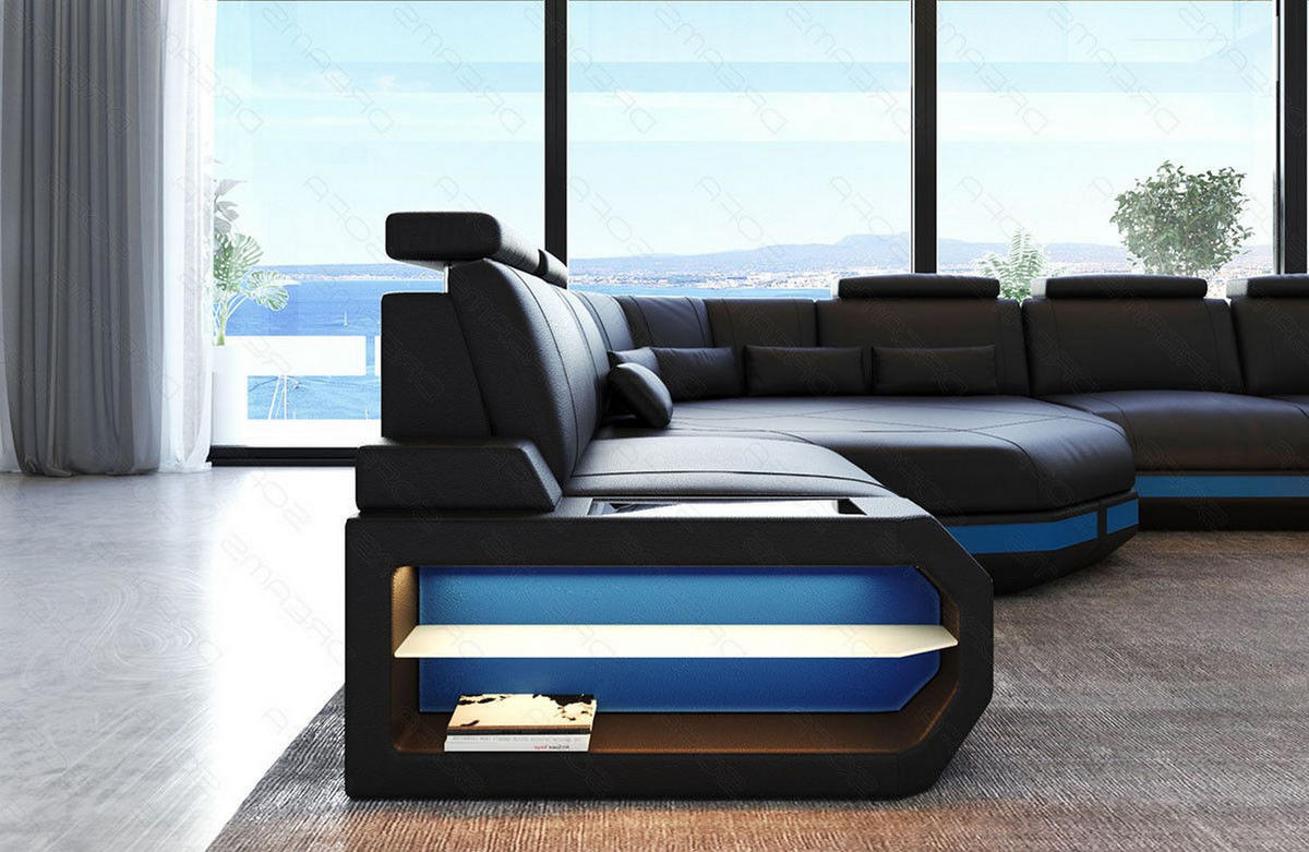 WOHNLANDSCHAFT Asti U Mini - Blau/Schwarz, Leder (352/93/280cm) - Sofa Dreams