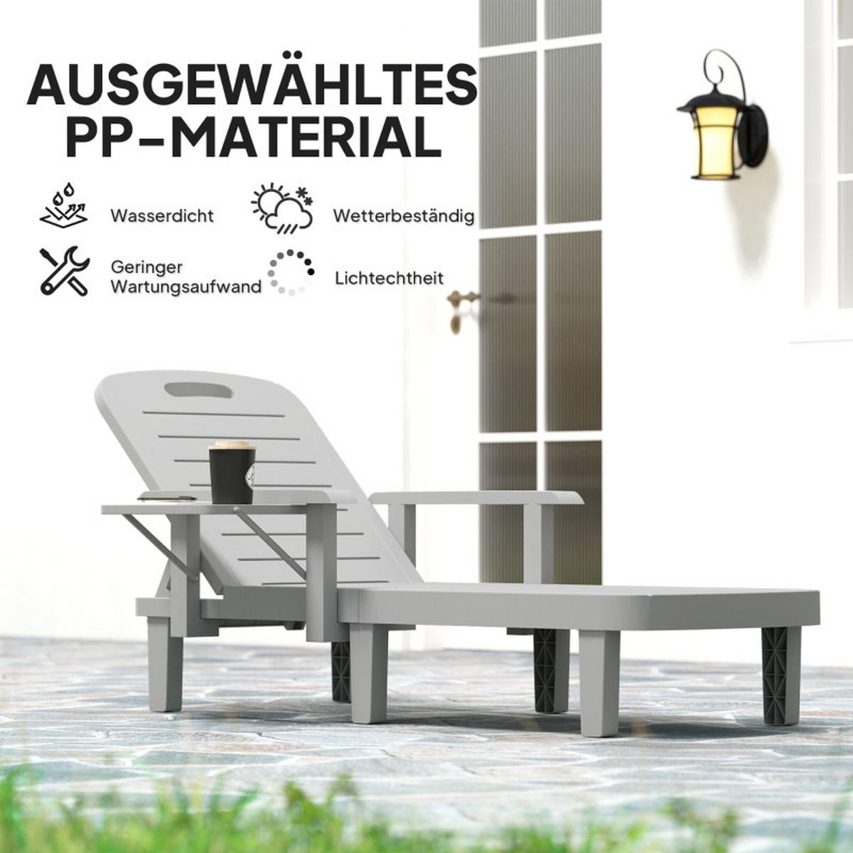 SONNENLIEGE Gartenliege mit Seitentisch Hellgrau 5-fach verstellbar - Grau, Kunststoff (79/88/158cm) - ComfortXL