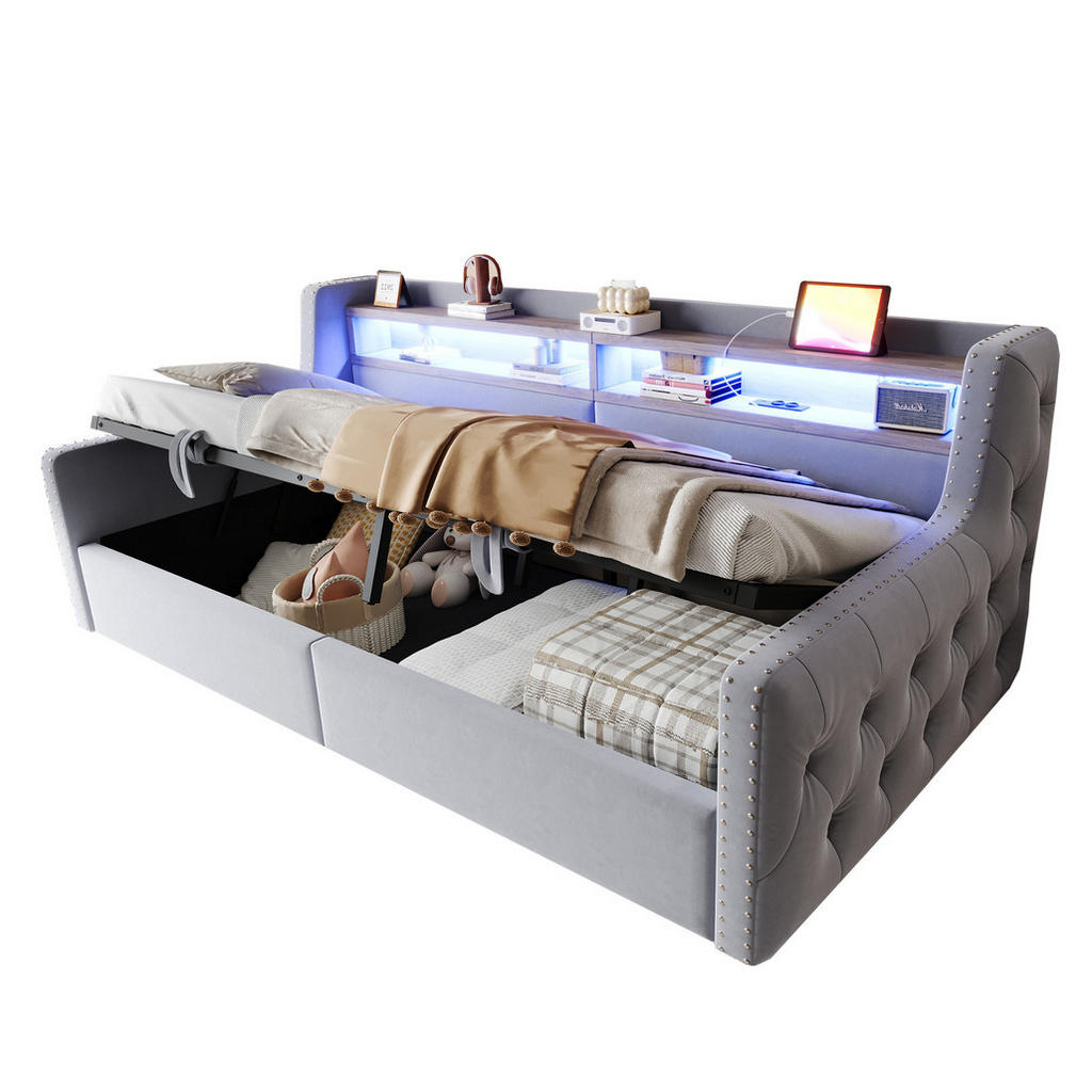 Redom ČALOUNĚNÁ postel 90 x 200 cm s LED osvětlením, úložným prostorem, zásuvkou a USB-C portem, Světle šedá