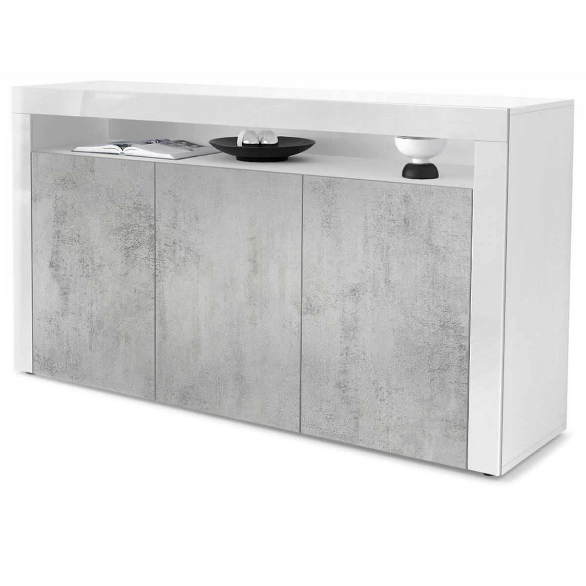 SIDEBOARD Valencia Beton Oxid Optik / Weiß Hochglanz - Hellgrau, Holzwerkstoff (155/92/40cm) - Vladon