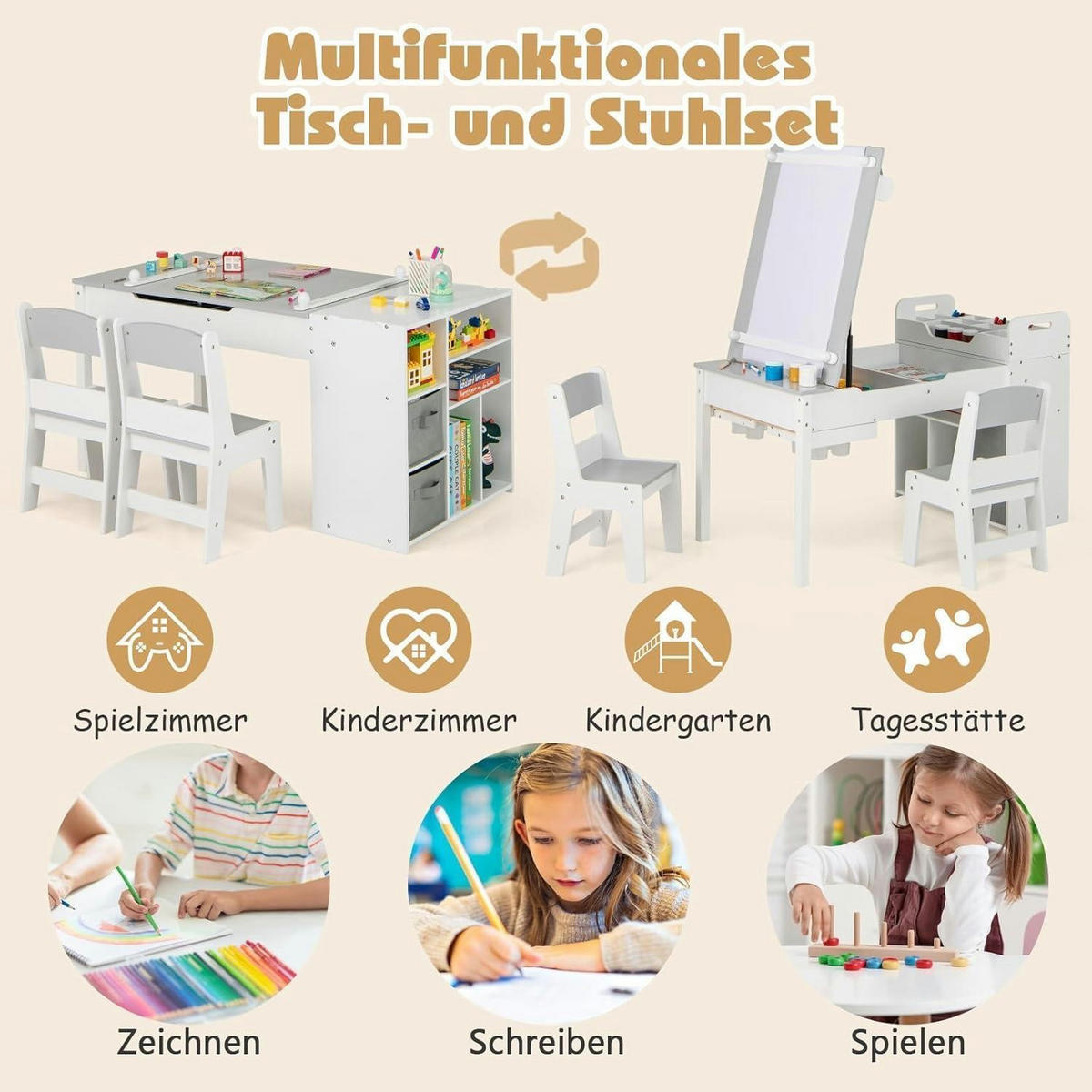 KINDERTISCH mit 2 Stühlen 3-teiliges Set Grau - Weiß, Holz (60/60/120cm)