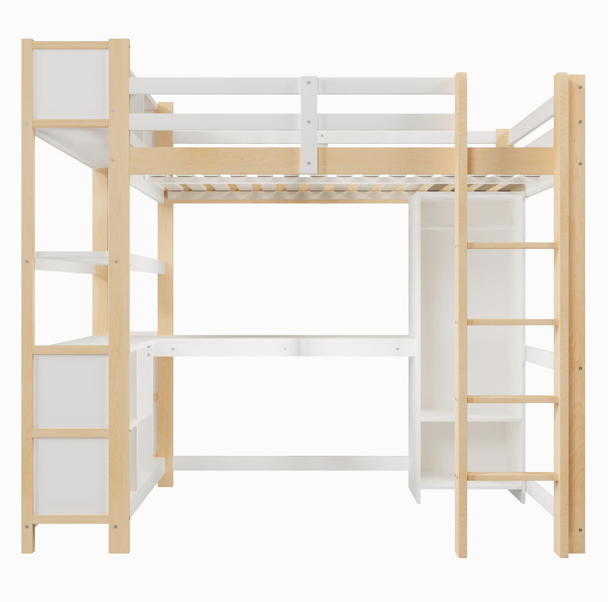HOCHBETT 140/200 cm mit Schreibtisch, Regalen und Kleiderschrank aus Kiefern, Natur/Weiß - Weiß, Holzwerkstoff (140/200cm) - Redom