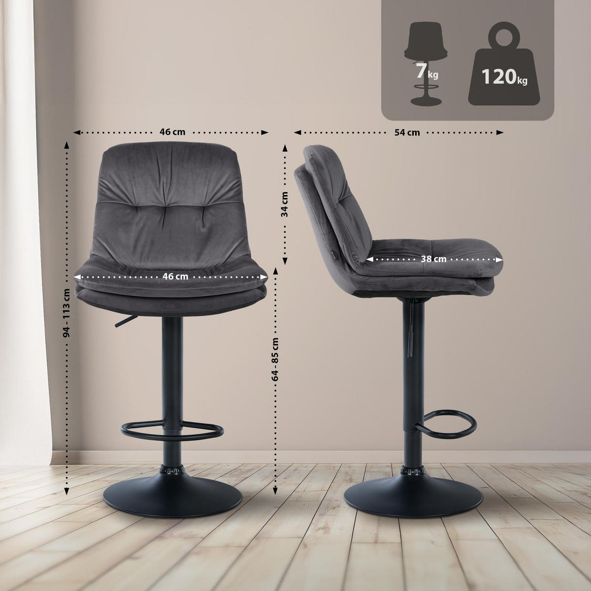 BARHOCKER Samt dunkelgrau - Dunkelgrau/Schwarz, Textil (46/94/54cm) - CLP