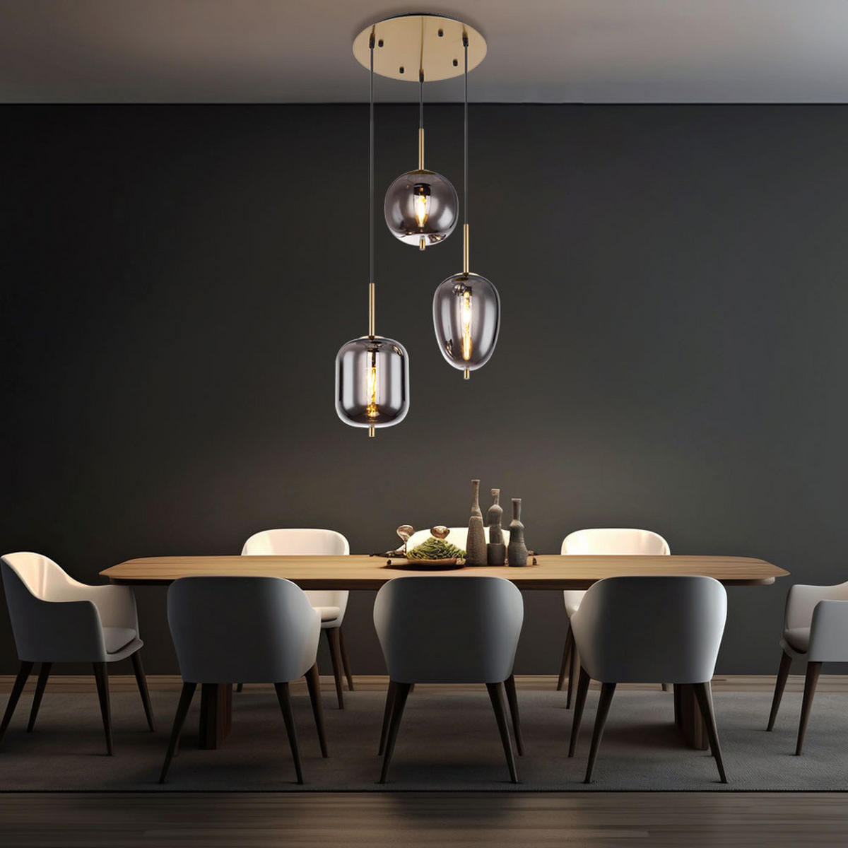 HÄNGELEUCHTE Glas Grau Messing - Grau, Glas (46/46/120cm) - Globo Lighting