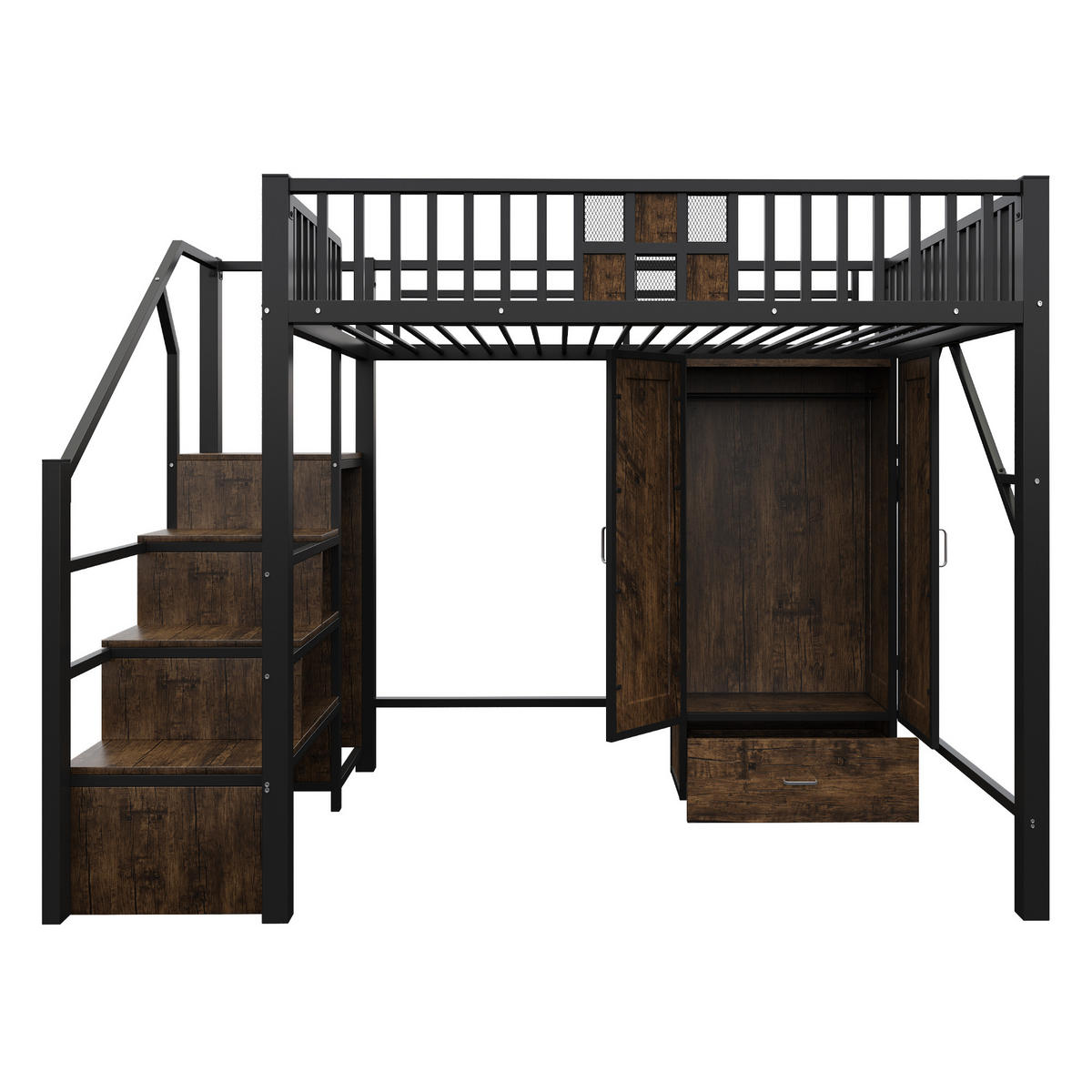 HOCHBETT 140/200 cm in Schwarz mit Kleiderschrank, Schublade und Aufbewahrungsleiter Metall-Holz-Design - Schwarz, Holzwerkstoff/Metall (140/200cm) - STILVORA