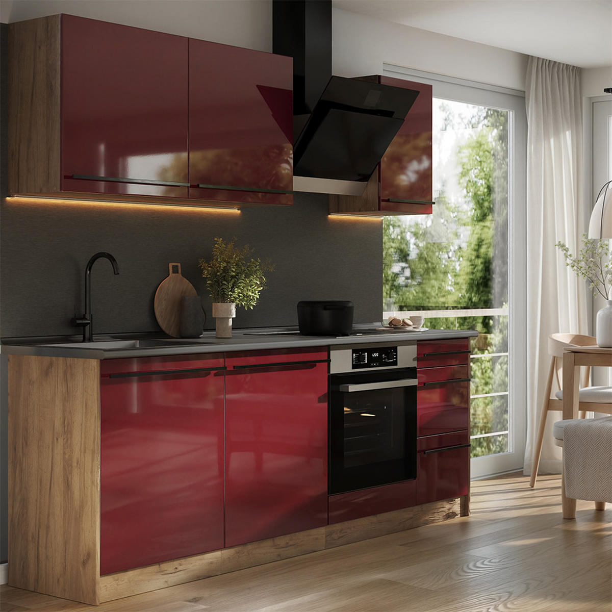 KÜCHENZEILE R-Line, Rot Hochglanz/Goldkraft Eiche, 220 cm Arbeitsplatte Goldkraft Eiche - Honigeiche/Rot, Holzwerkstoff (220/81.6/60cm) - Vicco