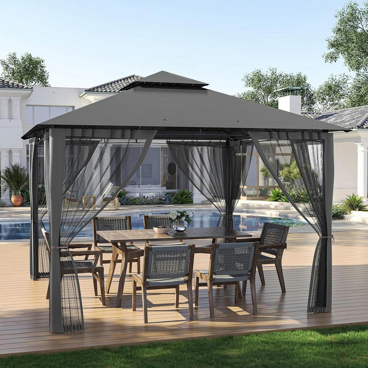 GARTENPAVILLON 2.8 x 2.8M Grau Wasserdicht mit Moskitonetz - Grau, Metall (275/275/275cm)